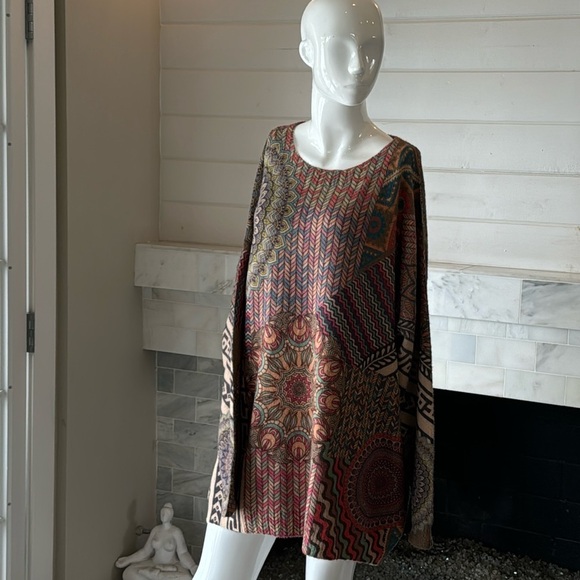 Mixed Tan Keiledescope Print Cotton & Wool Dolman Plus Size Sweater Size XXL - Picture 2 of 13